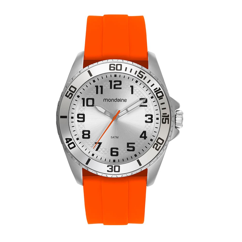 Relógio Masculino Laranja Silicone Mostrador Prata