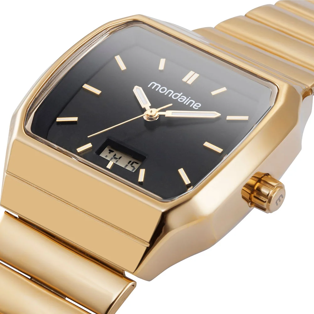 Relógio Masculino Quadrado Anadigi Dourado Aço