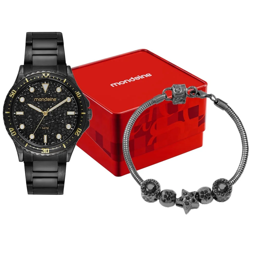 Kit Relógio Feminino Preto Elegante Aço Pulseira