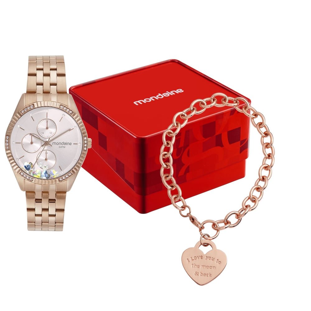 Kit Relógio Feminino Rose Gold Multifunção Aço Pulseira