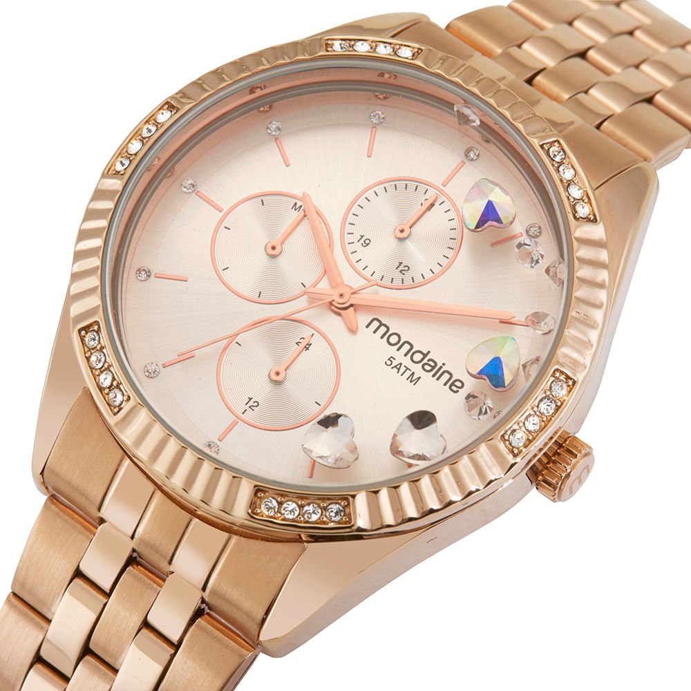 Kit Relógio Feminino Rose Gold Multifunção Aço Pulseira Dourado 3