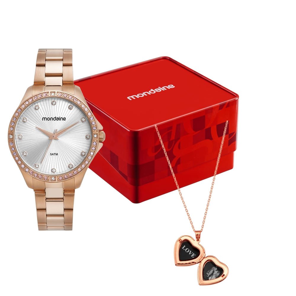 Kit Relógio Feminino Rose Gold Clássico Aço Colar
