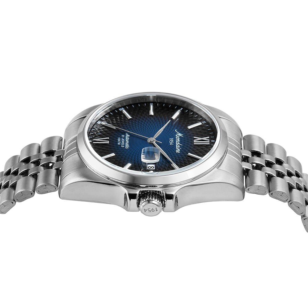 Relógio Automático Masculino Calendário Azul Aço Prata 2