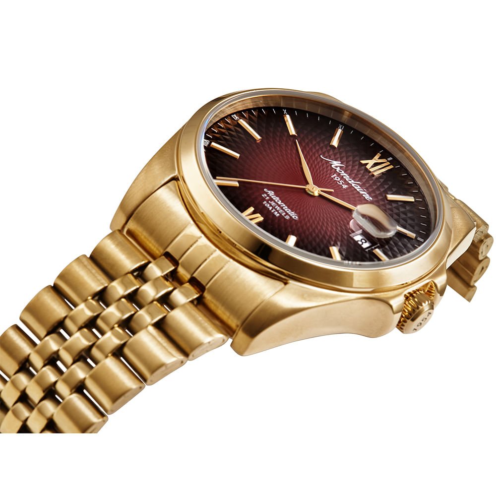 Relógio Automático Masculino Calendário Vermelho Dourado Dourado 2