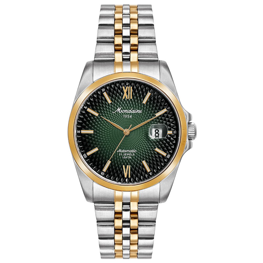 Relógio Automático Masculino Calendário Verde Bicolor Aço