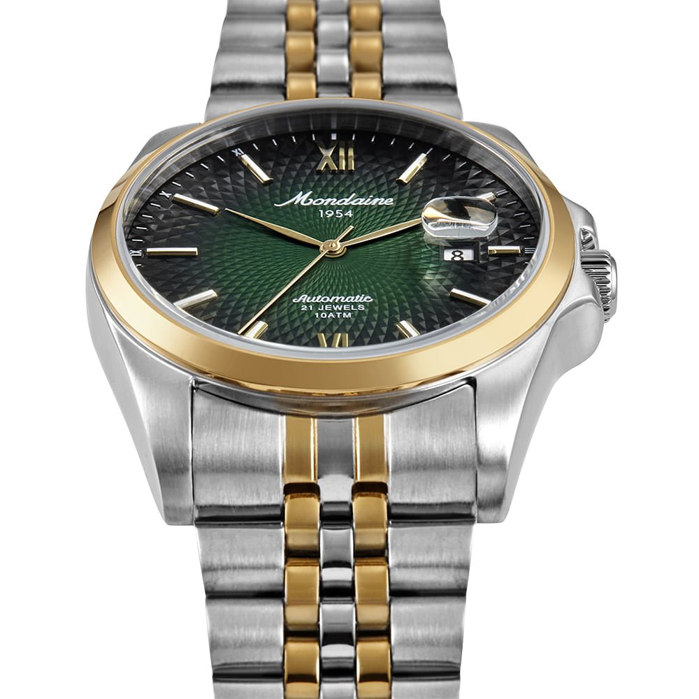 Relógio Automático Masculino Calendário Verde Bicolor Aço Prata 2