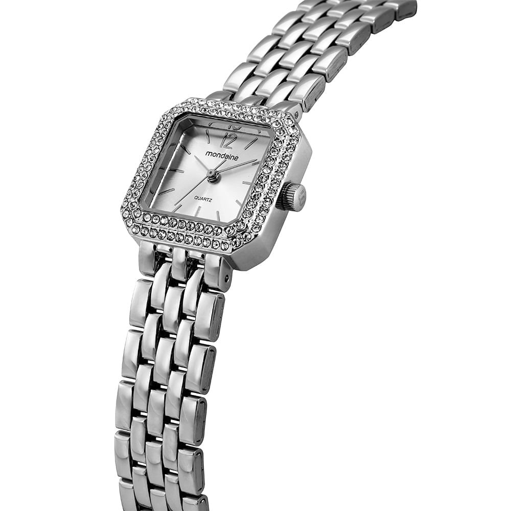 Relógio Feminino Quadrado Prateado Cristais Prata 2