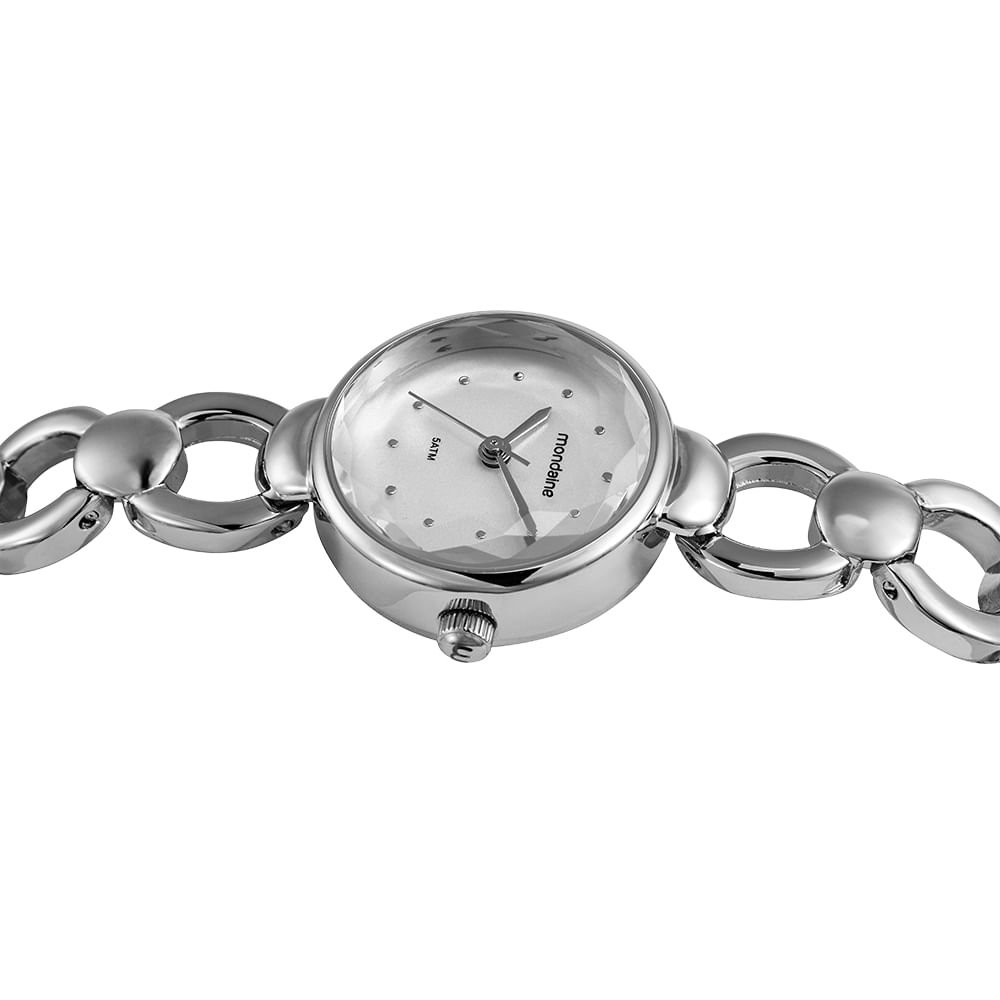 Relógio Feminino Prata Pulseira Sólida Vidro Facetado Prata 2