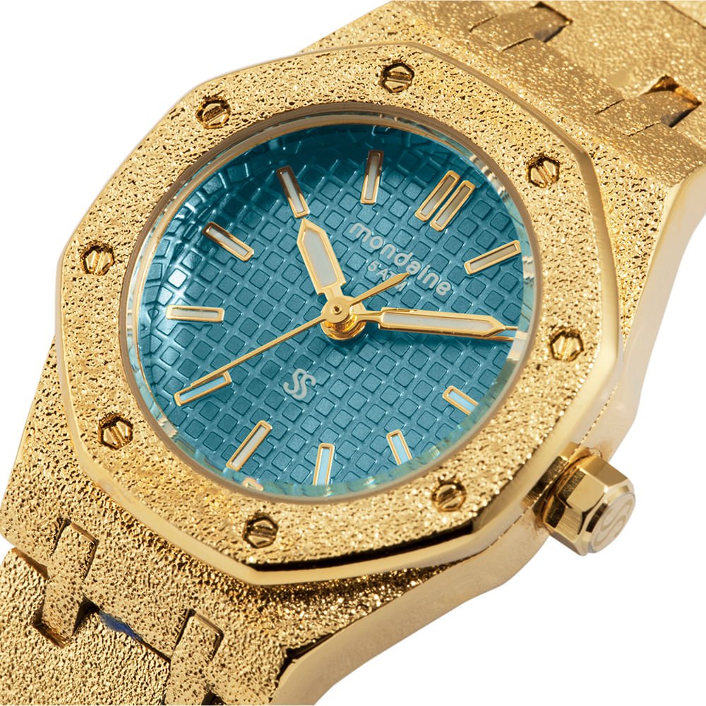 Relógio Feminino Analógico Textura bezel octogonal Azul Dourado/Azul 2