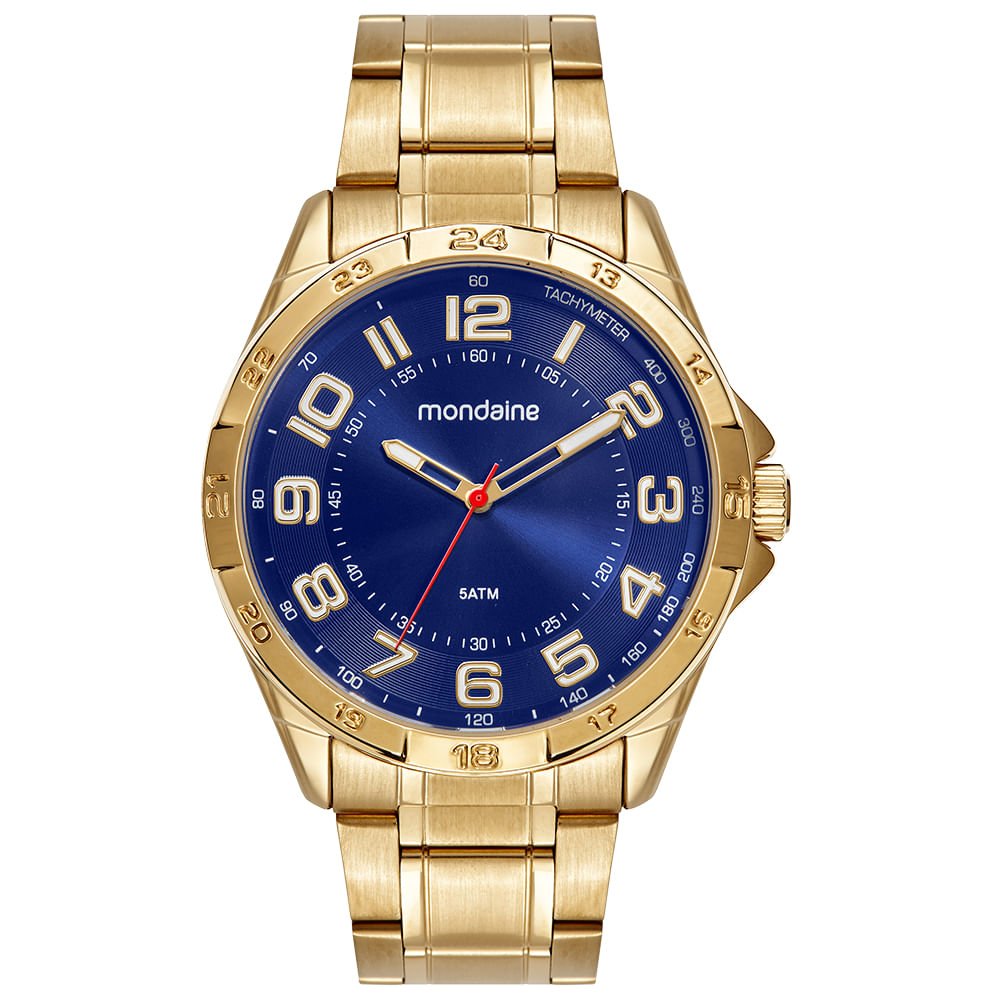Relógio Masculino Analógico Azul Dourado Numeração Completa