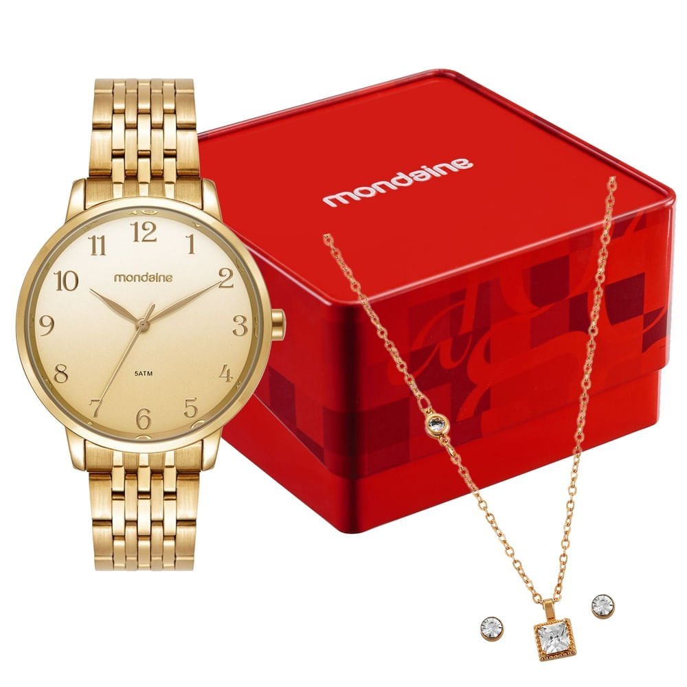 Kit Relógio Feminino Analógico Rosa com Colar e Brincos Dourado 1