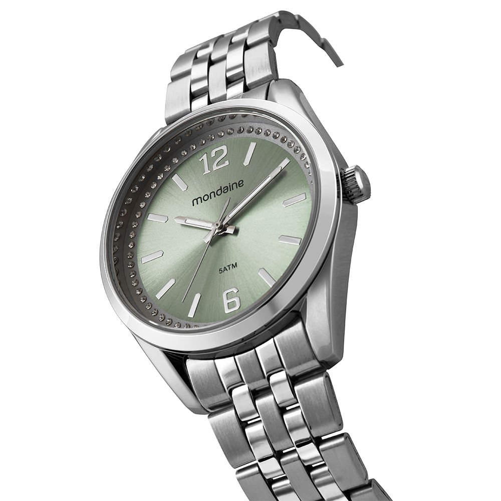 Relógio Feminino Verde Cristais e Numeração Completa Prata/Verde 2