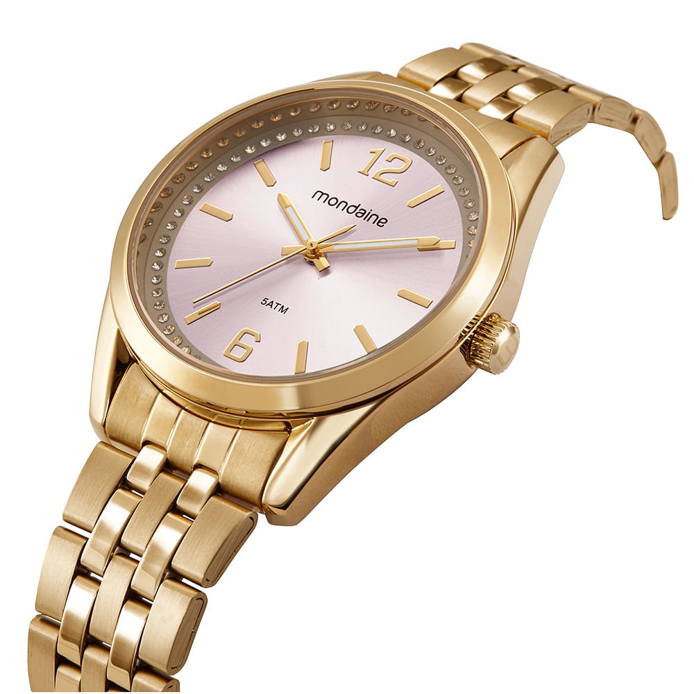 Relógio Feminino Rosa Cristais e Numeração Completa Dourado/Rosa 2