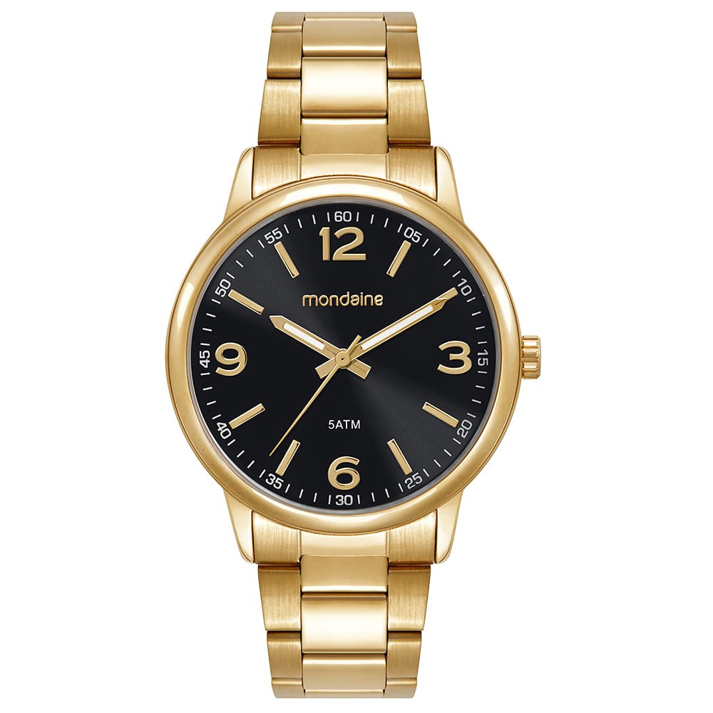 Relógio Masculino Aço Dourado Mostrador Preto