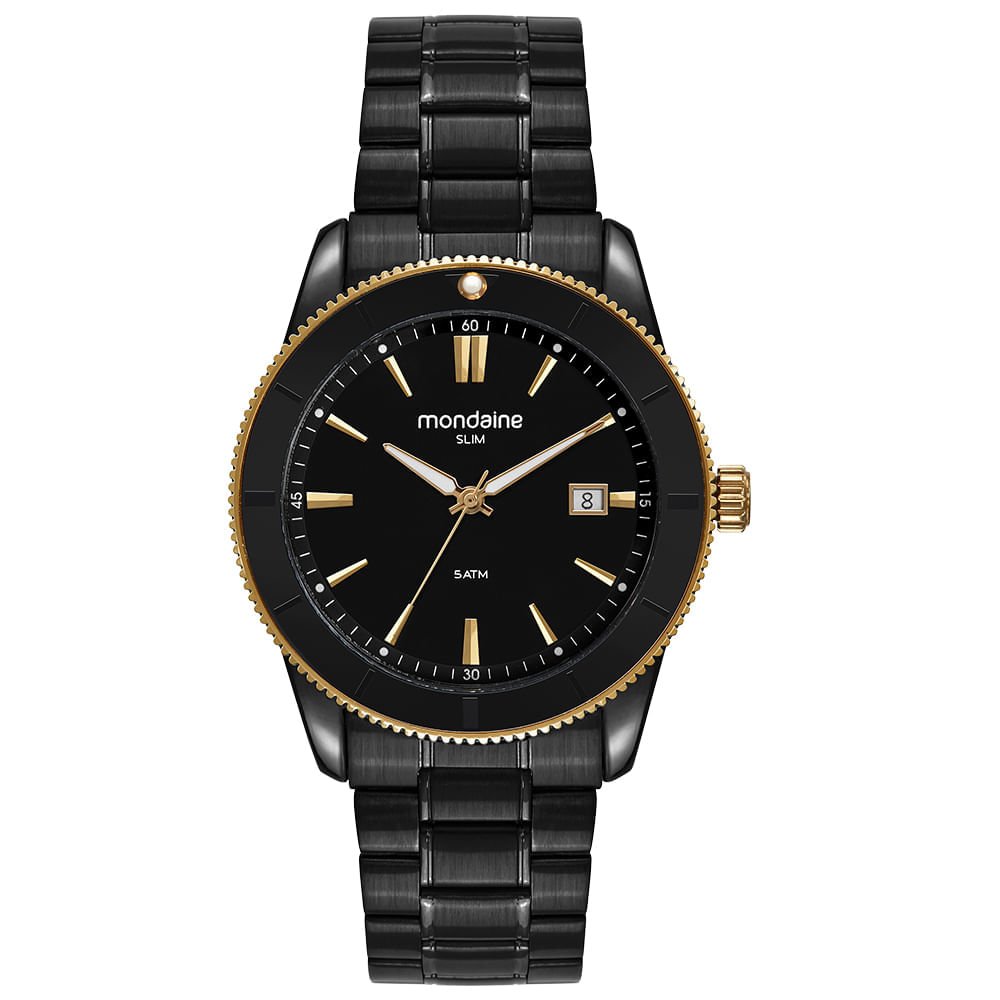 Relógio Masculino Preto em Aço Slim com Calendário