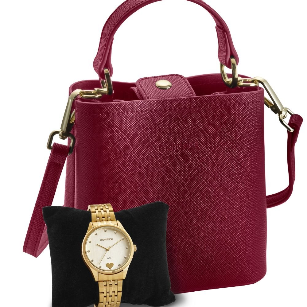 Kit Relógio Feminino Dourado com Bolsa Vermelha Dourado 2