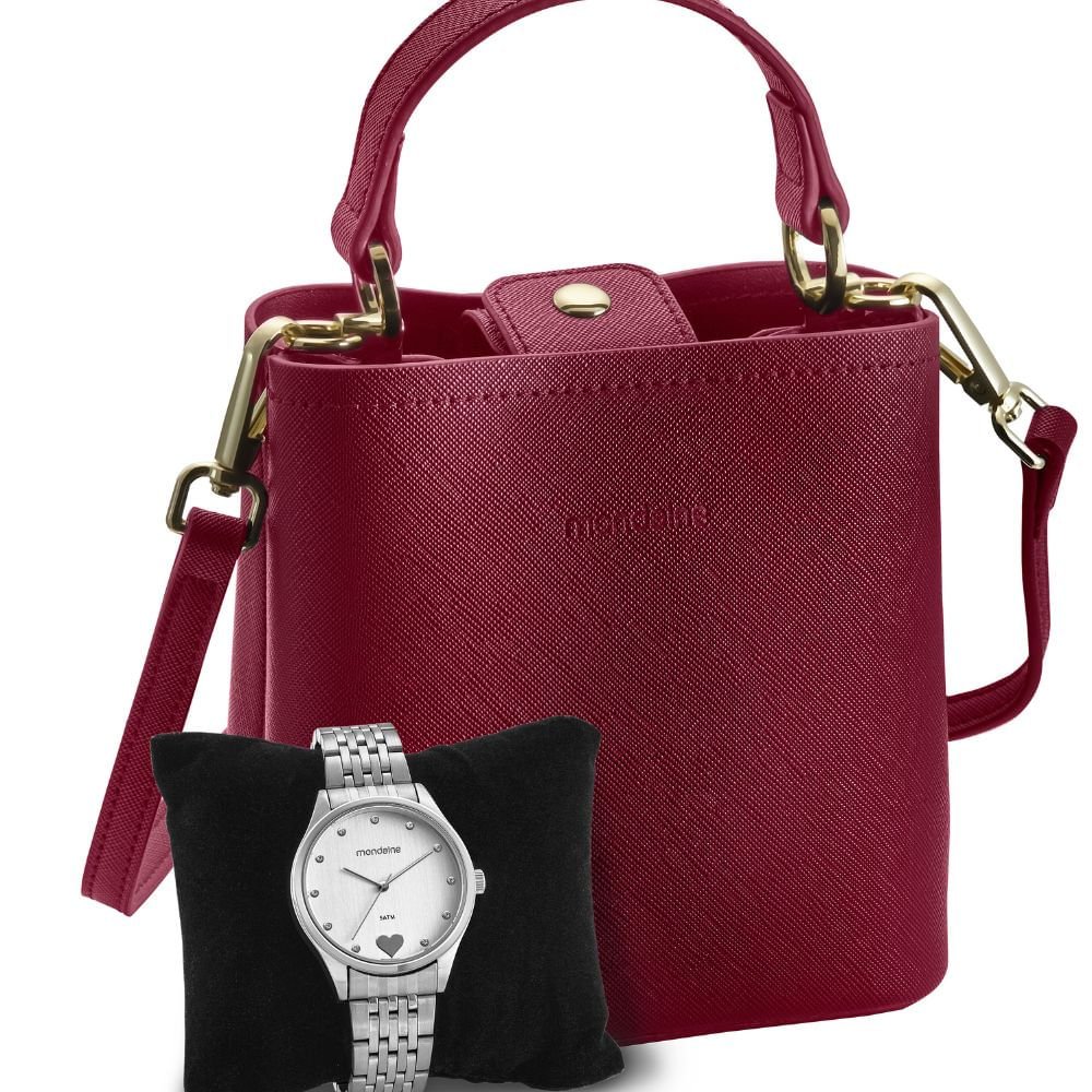 Kit Relógio Feminino Prata com Bolsa Vermelha Prata 2
