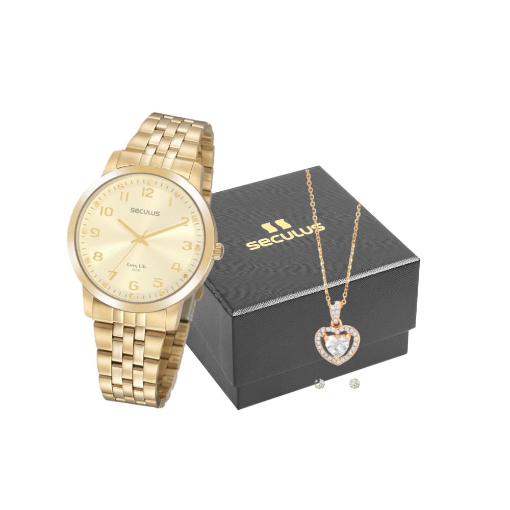 Kit Relógio Feminino Aço com Semi Joias Dourado