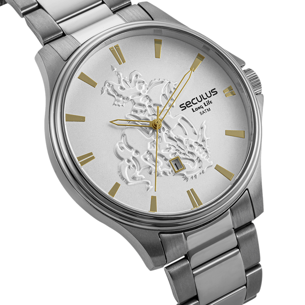 Kit Relógio Masculino Aço Prata e Colar São Jorge Prata 1