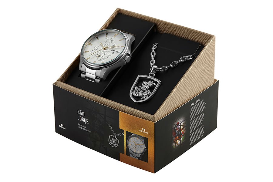 Kit Relógio Masculino Aço Prata e Colar São Jorge Prata 2