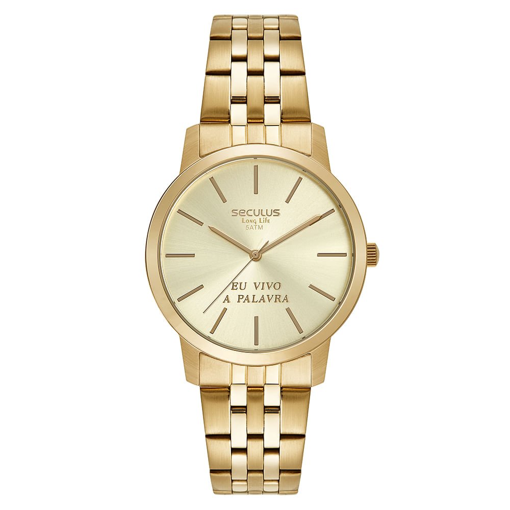Kit Relógio Feminino Dourado Eu Vivo a Palavra Dourado 1