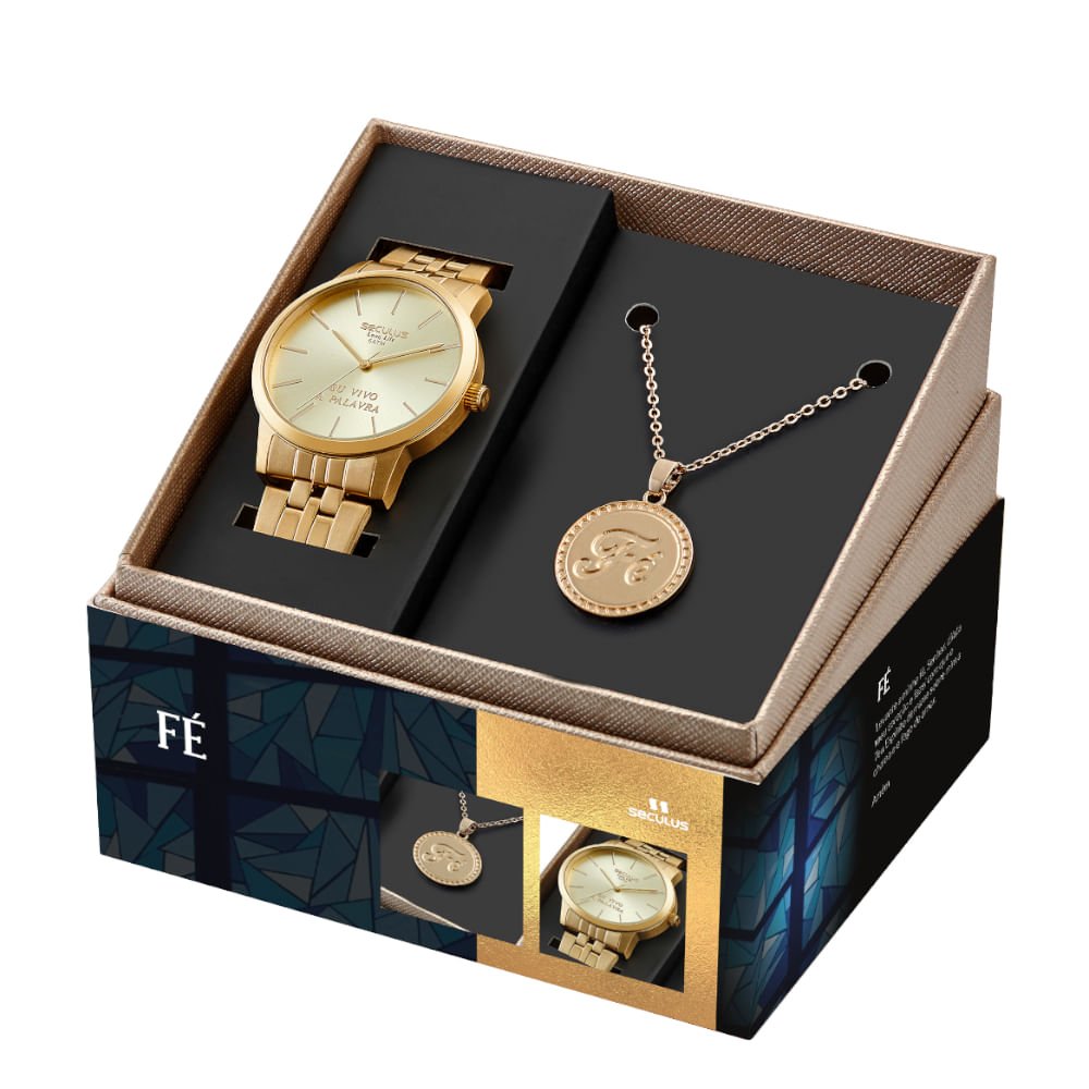 Kit Relógio Feminino Dourado Eu Vivo a Palavra Dourado 5