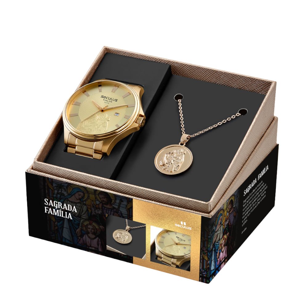 Kit Relógio Masculino Sagrada Família Dourado Dourado 1