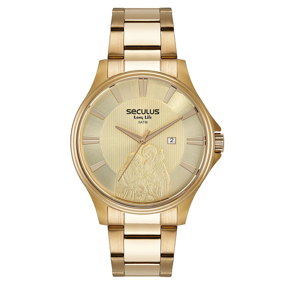 Kit Relógio Masculino Sagrada Família Dourado Dourado 2