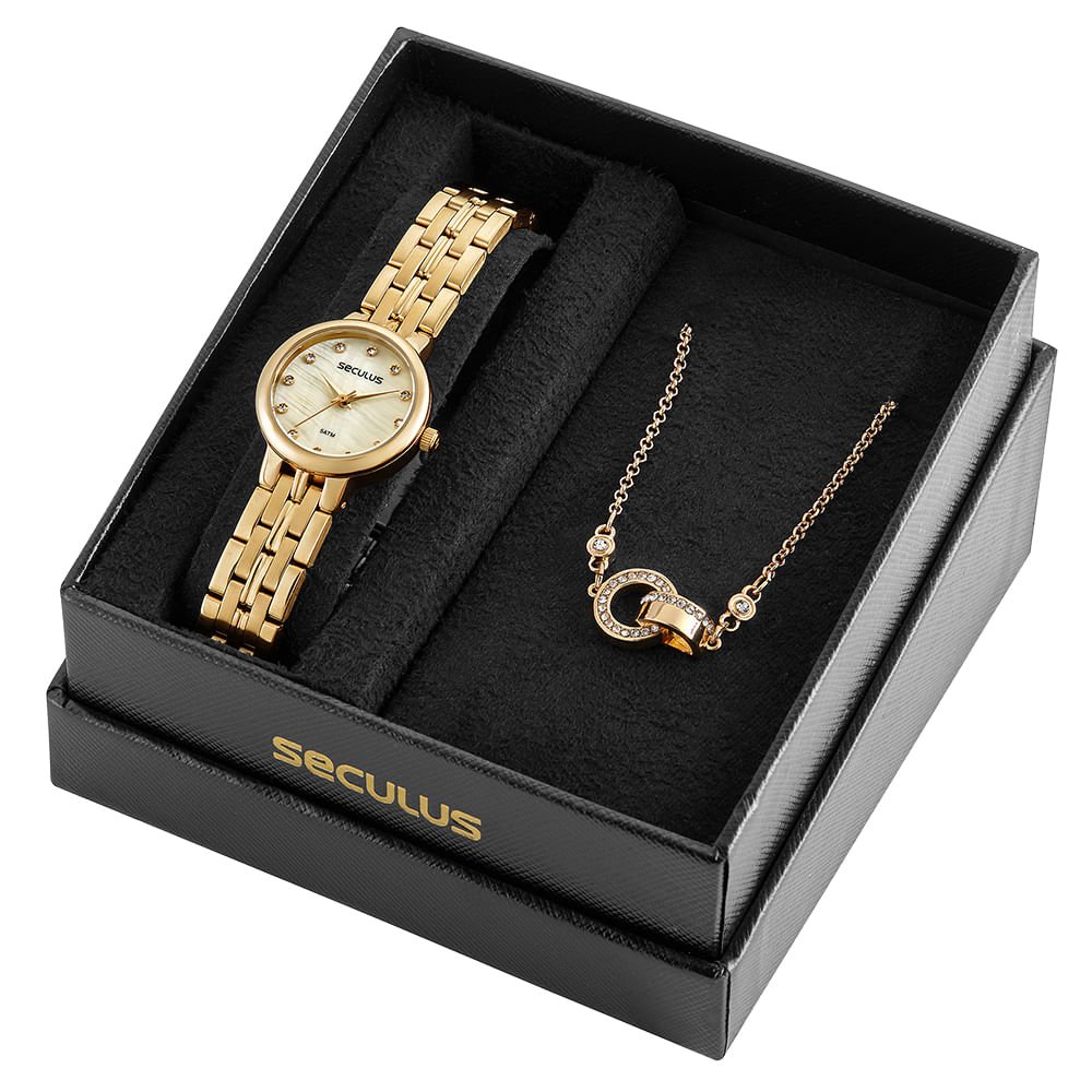 Kit Relógio Feminino Clássico Dourado com Colar Dourado 1
