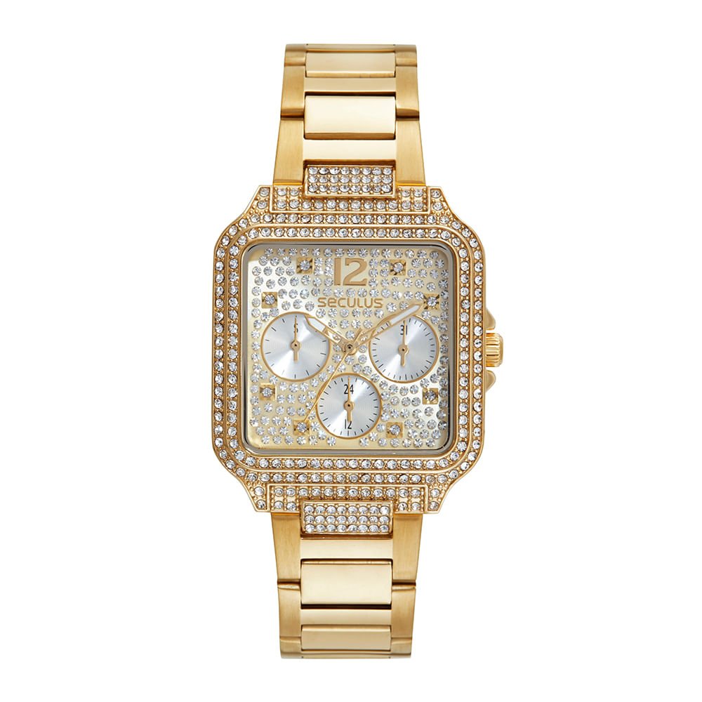 Relógio Feminino Multifunção Quadrado Cristais Dourado