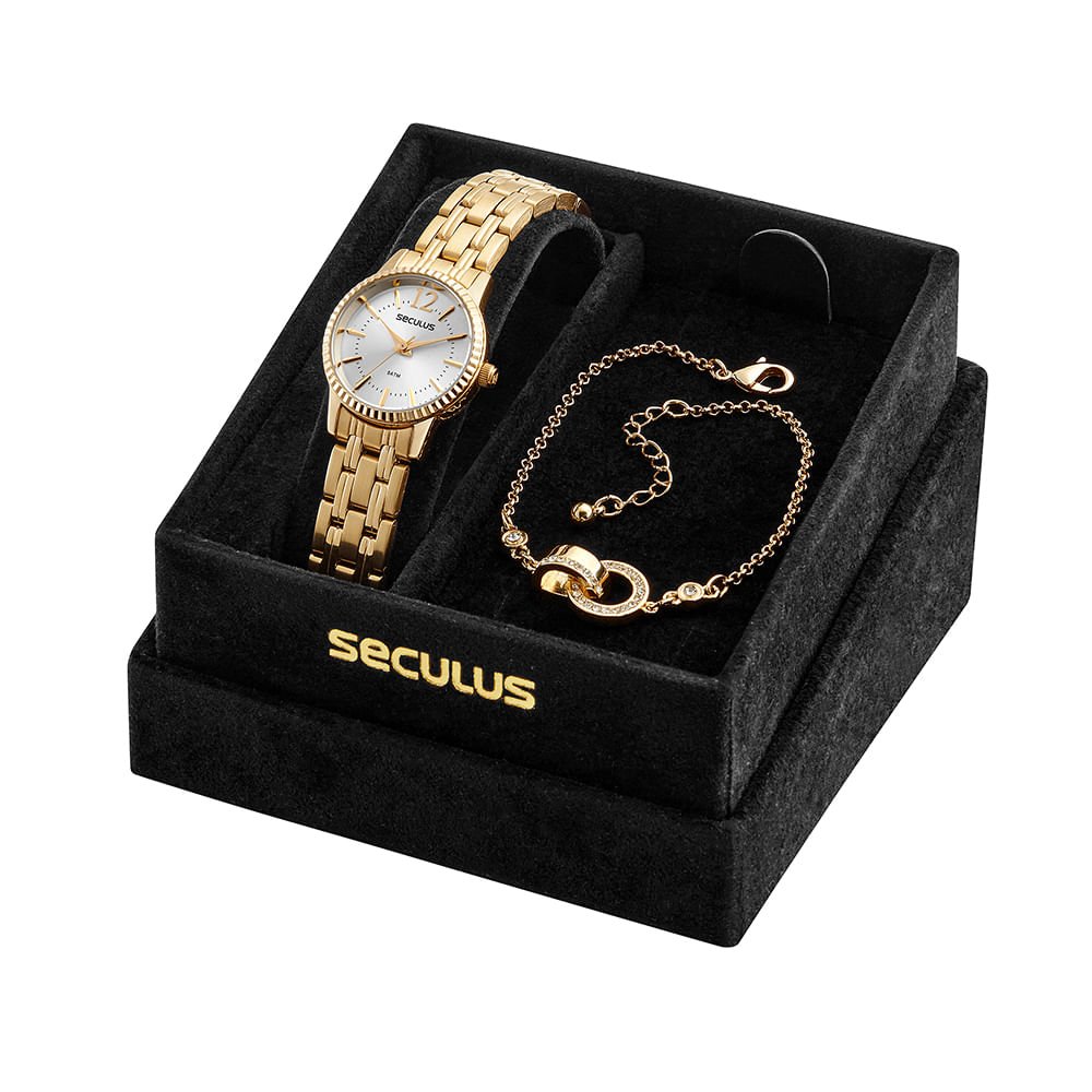 Kit Relógio Feminino Clássico Dourado e Pulseira de Pingente Dourado 1