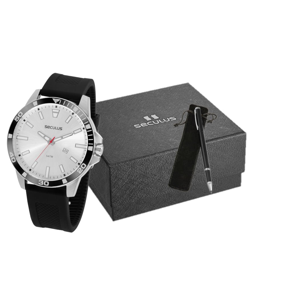 Kit Relógio Masculino Silicone Preto Com Caneta Preto 1