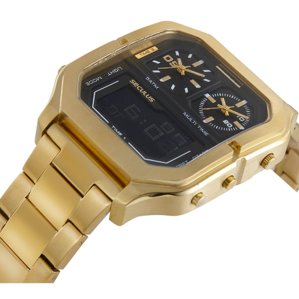 Relógio Masculino Anadigi Quadrado Aço Dourado Dourado 6