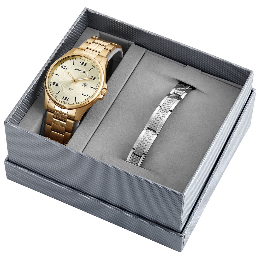 Kit Relógio Masculino Casual Dourado Com Pulseira Dourado 1