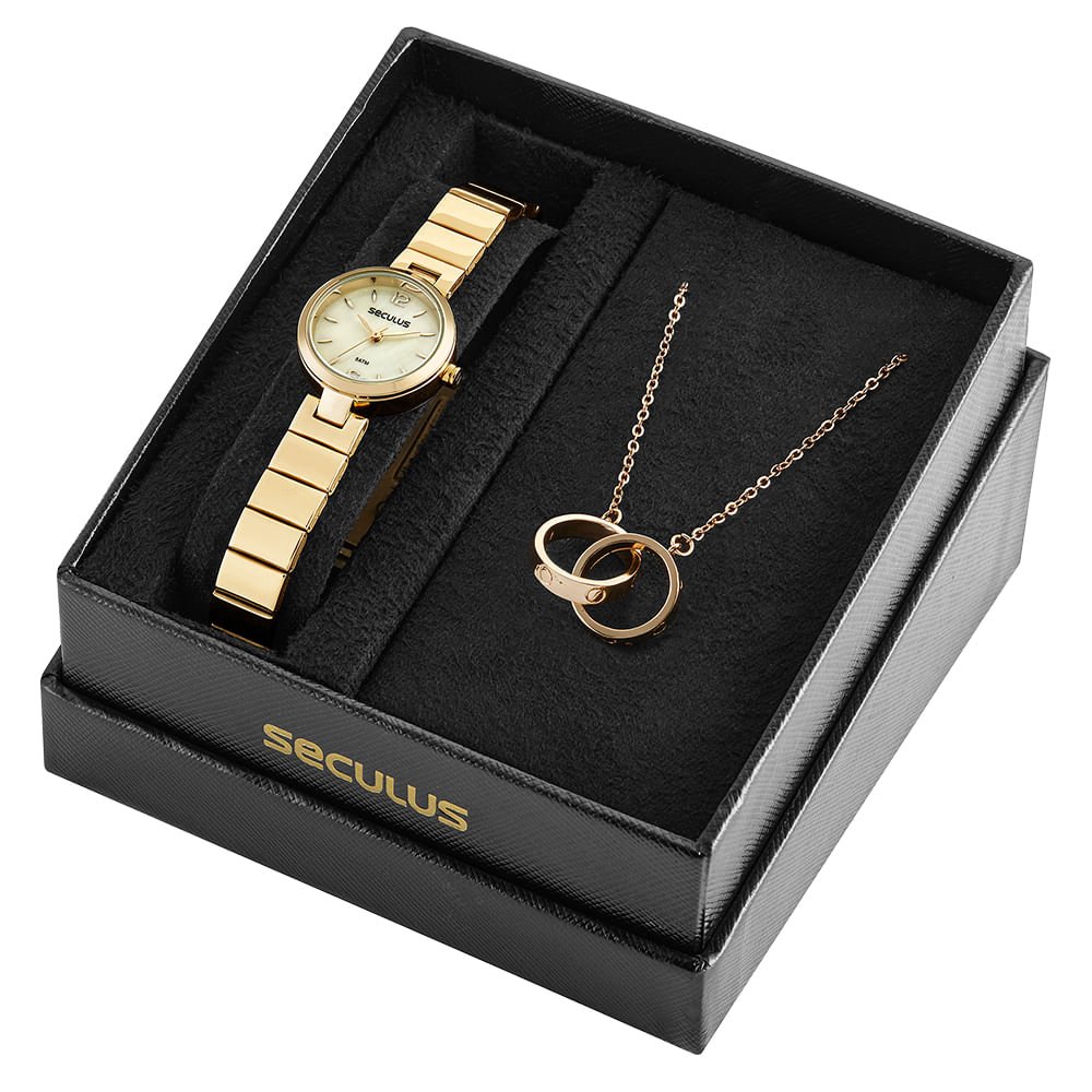 Kit Relógio Feminino Bracelete Dourado Com Colar Dourado 1