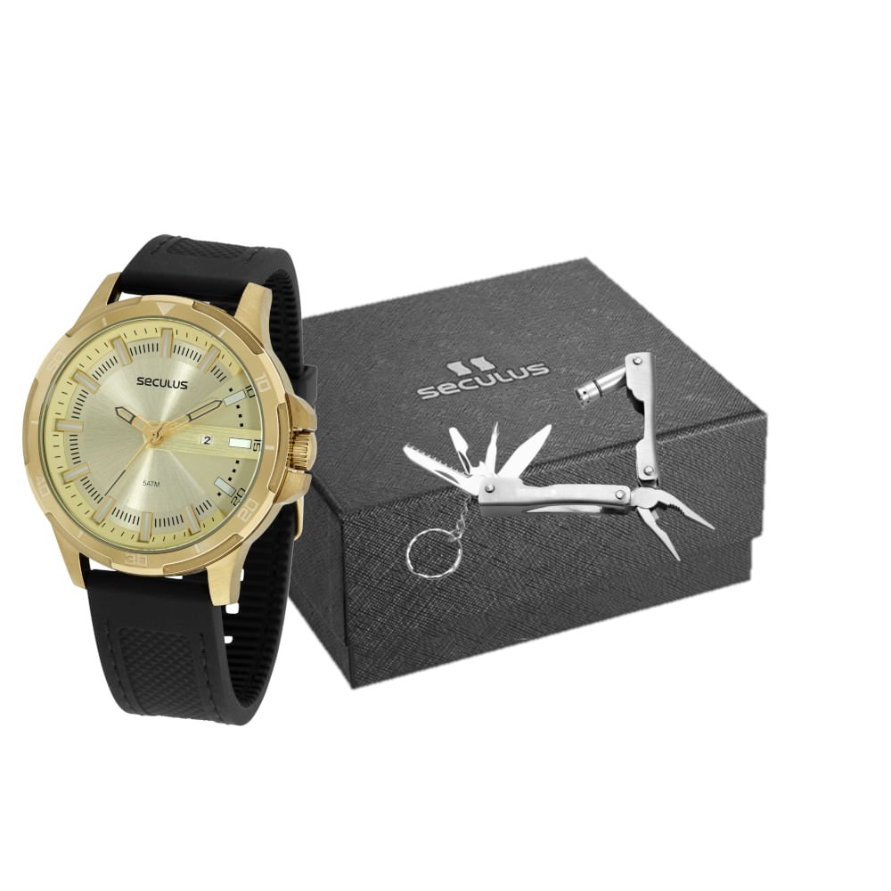 Kit Relógio Masculino Dourado Com Alicate Multifunção Dourado 1