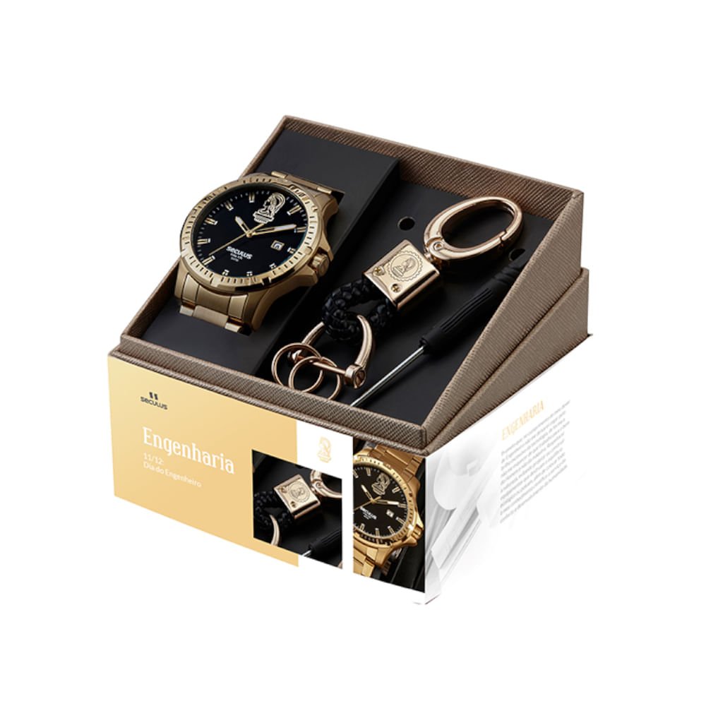 Kit Relógio Masculino Profissões Engenharia Dourado