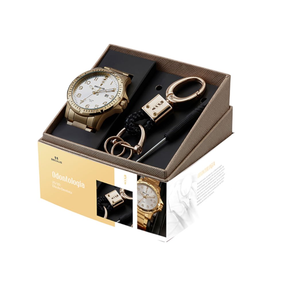 Kit Relógio Masculino Profissões Odontologia Dourado