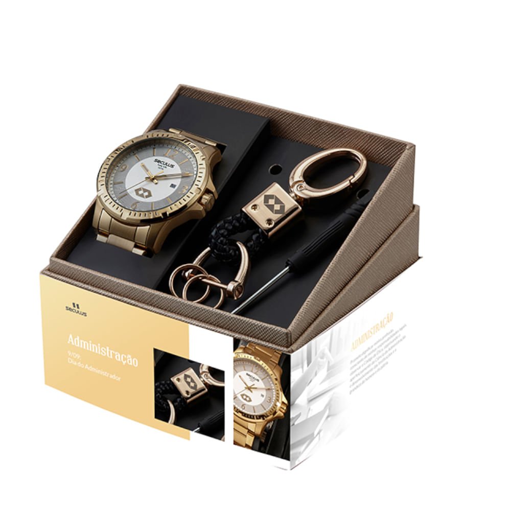 Kit Relógio Masculino Profissões Administração Dourado