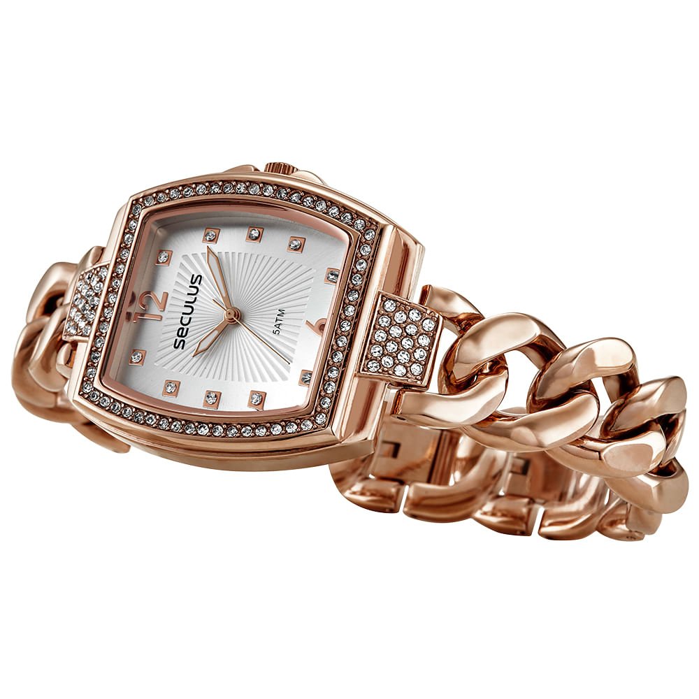 Relógio Feminino Quadrado Corrente Cristais Rosé Rosa 6