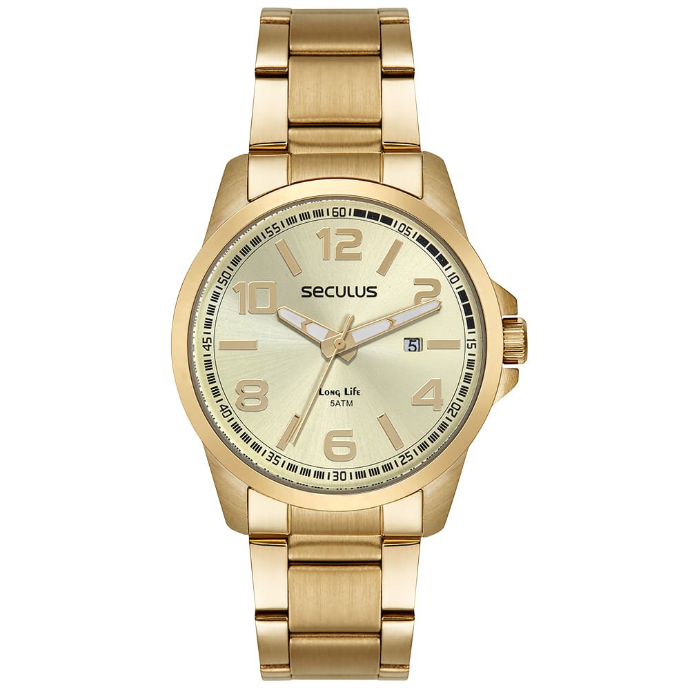 Relógio Masculino Aço Com Calendário Dourado Dourado 1