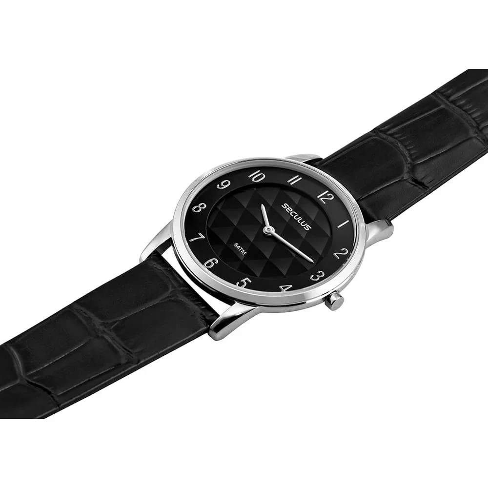 Relógio Masculino Slim Couro Croco Prata Preto 2