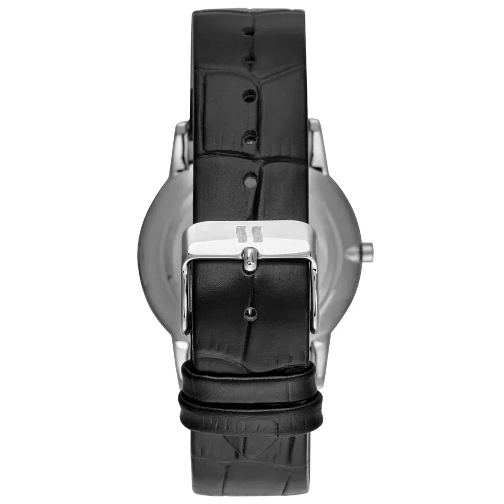 Relógio Masculino Slim Couro Croco Prata Preto 5