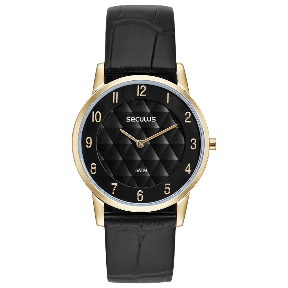 Relógio Masculino Slim Couro Croco Dourado Preto 1