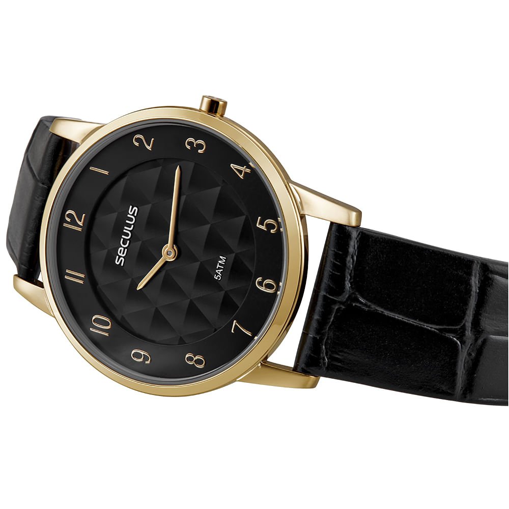 Relógio Masculino Slim Couro Croco Dourado Preto 2