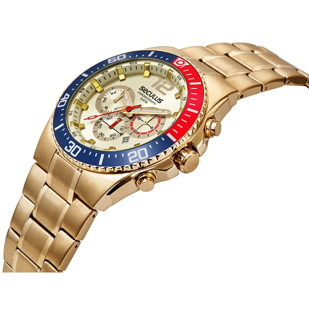 Relógio Masculino Cronógrafo Catraca Bicolor Aço Dourado Dourado 2