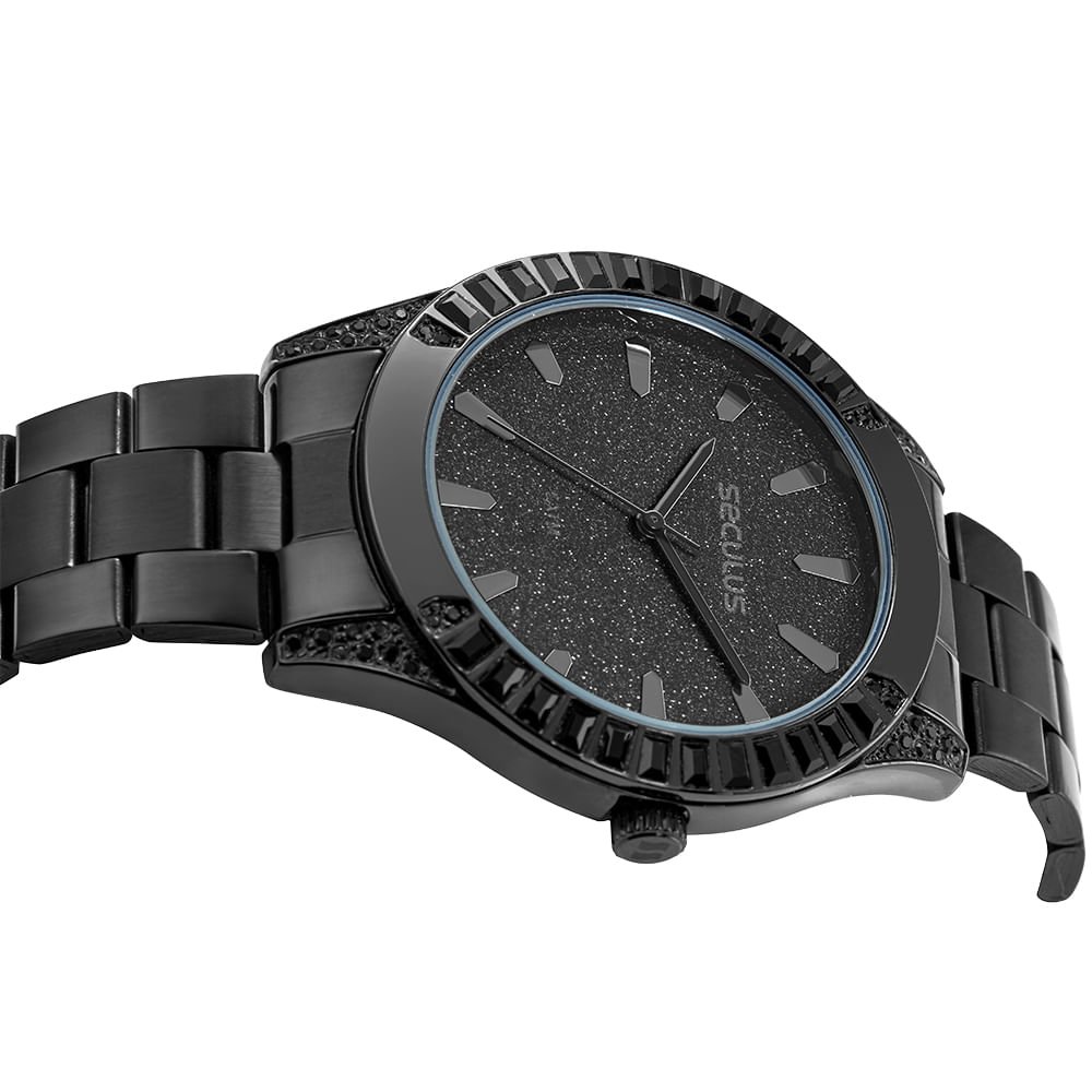 Relógio Feminino Glitter Cristais Preto Preto 2