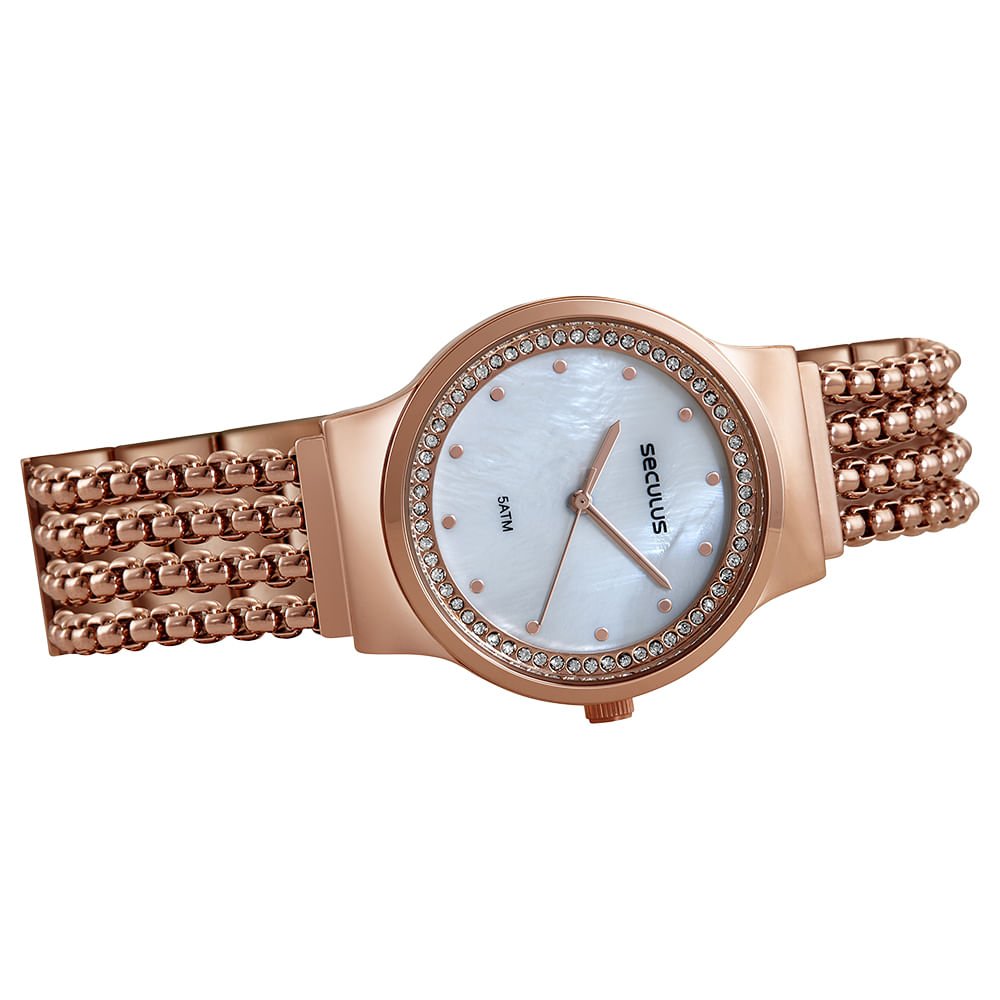 Relógio Feminino Madrepérola Cristais Rosé Dourado 2