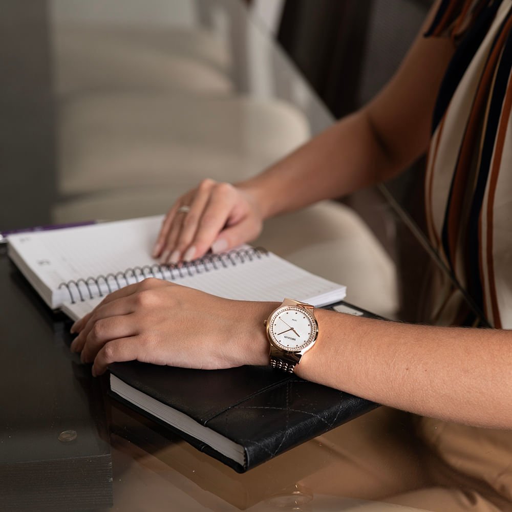 Relógio Feminino Madrepérola Cristais Rosé Dourado 3