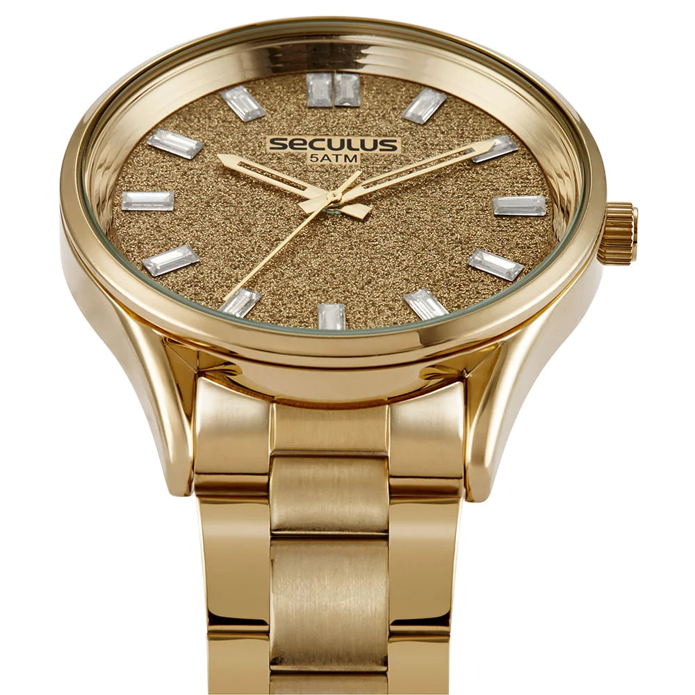 Relógio Feminino Glitter e Cristais Baguete Dourado Dourado 2